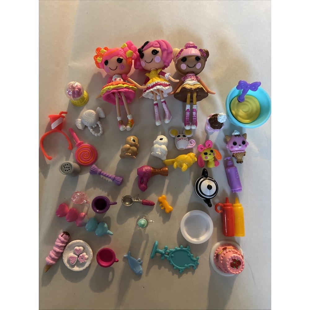 Lalaloopsy Mini Doll Accessory Lot 3 Dolls Pets Tea Set‎ Treats Toys 30+ Pieces